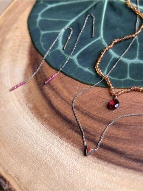 Set of 3. Delicate Pink Threader Earrings and Red Gem Necklace Duo.